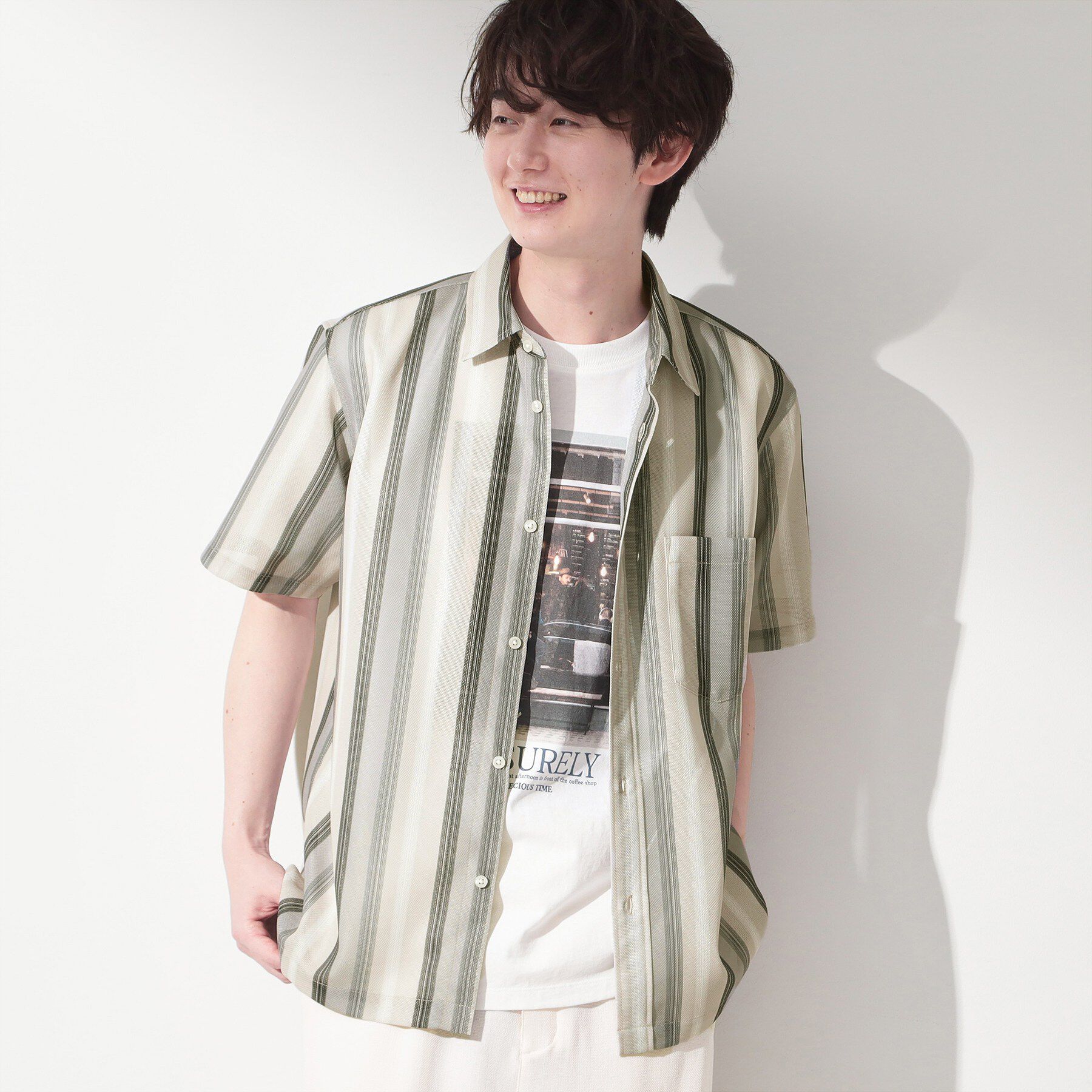 THE SHOP TK「メッシュ ストライプ半袖シャツ 洗濯機OK／通気性◎」|シャツ・ブラウス|ライトベージュ(35