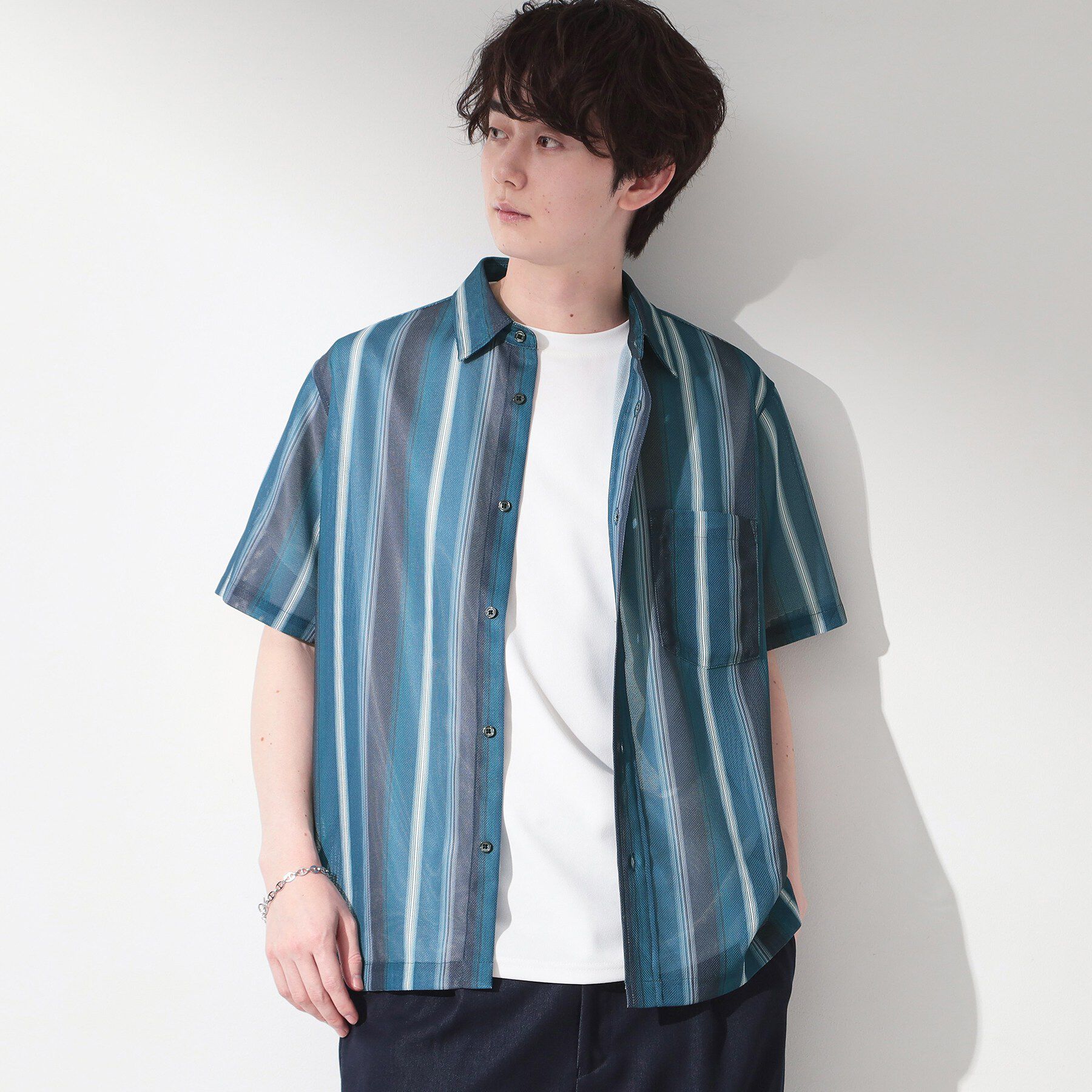 THE SHOP TK「メッシュ ストライプ半袖シャツ 洗濯機OK／通気性◎」|シャツ・ブラウス|ブルー(393)