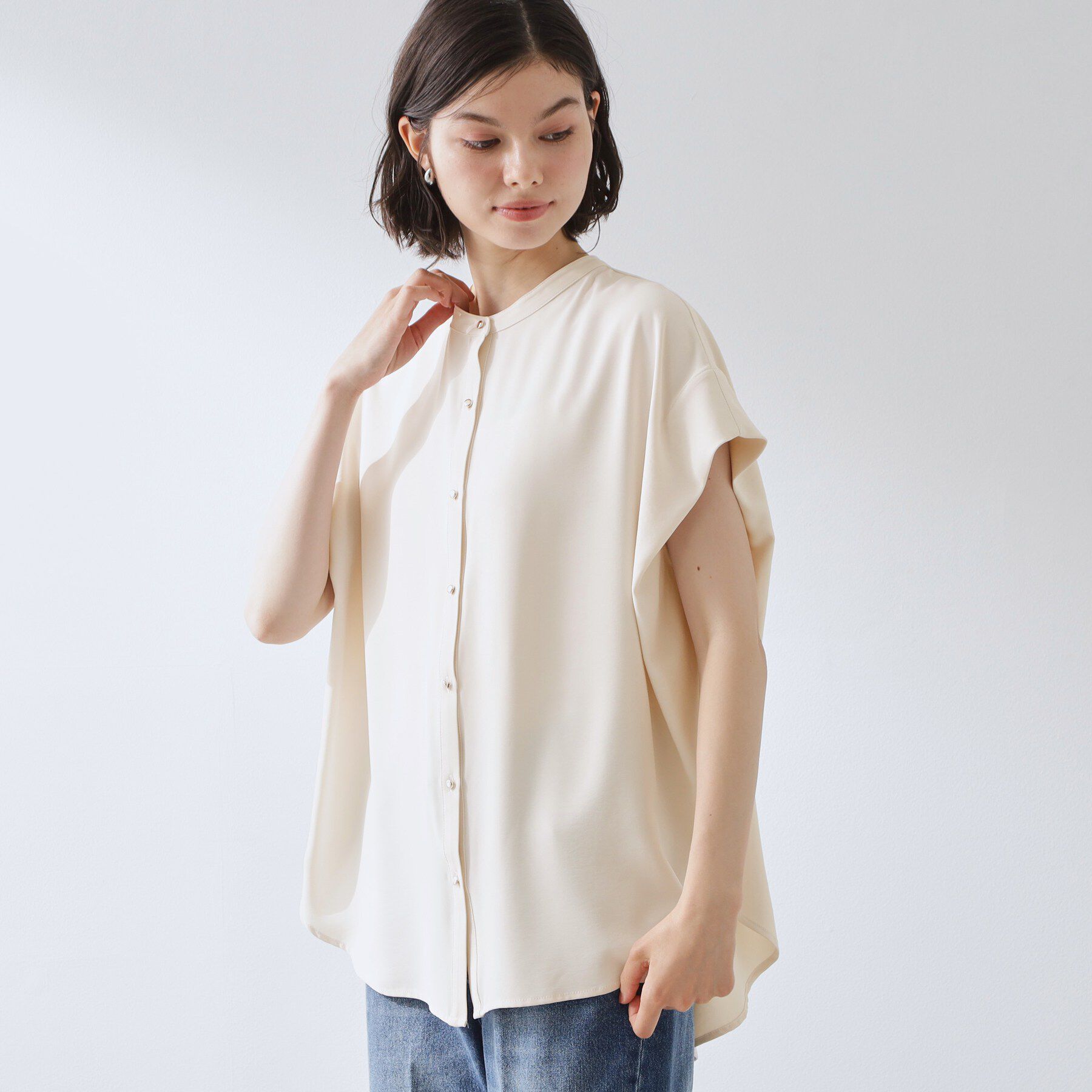 THE SHOP TK「【ひんやり/遮熱/セットアップ可】やみつきになる とろみバンドカラーブラウス」|シャツ・ブラウス|