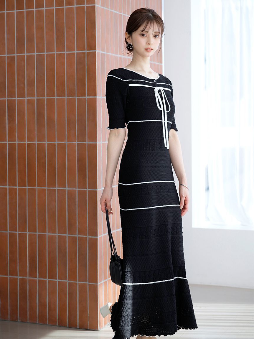 SNIDEL「クロシェライクロングニットワンピース」|ワンピース|BLK