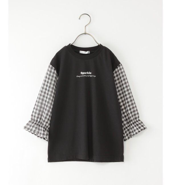 ikka kids「シアギンガムチェック七分袖ロゴTシャツ（120~160cm）」|Tシャツ・カットソー|
