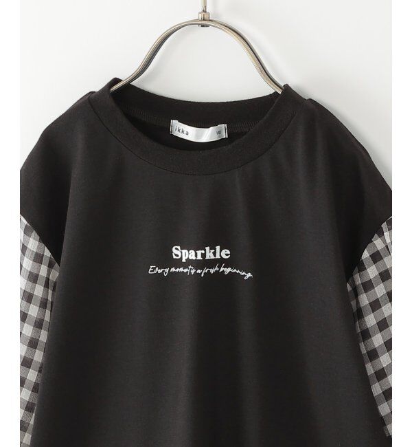 ikka kids「シアギンガムチェック七分袖ロゴTシャツ（120~160cm）」|Tシャツ・カットソー|