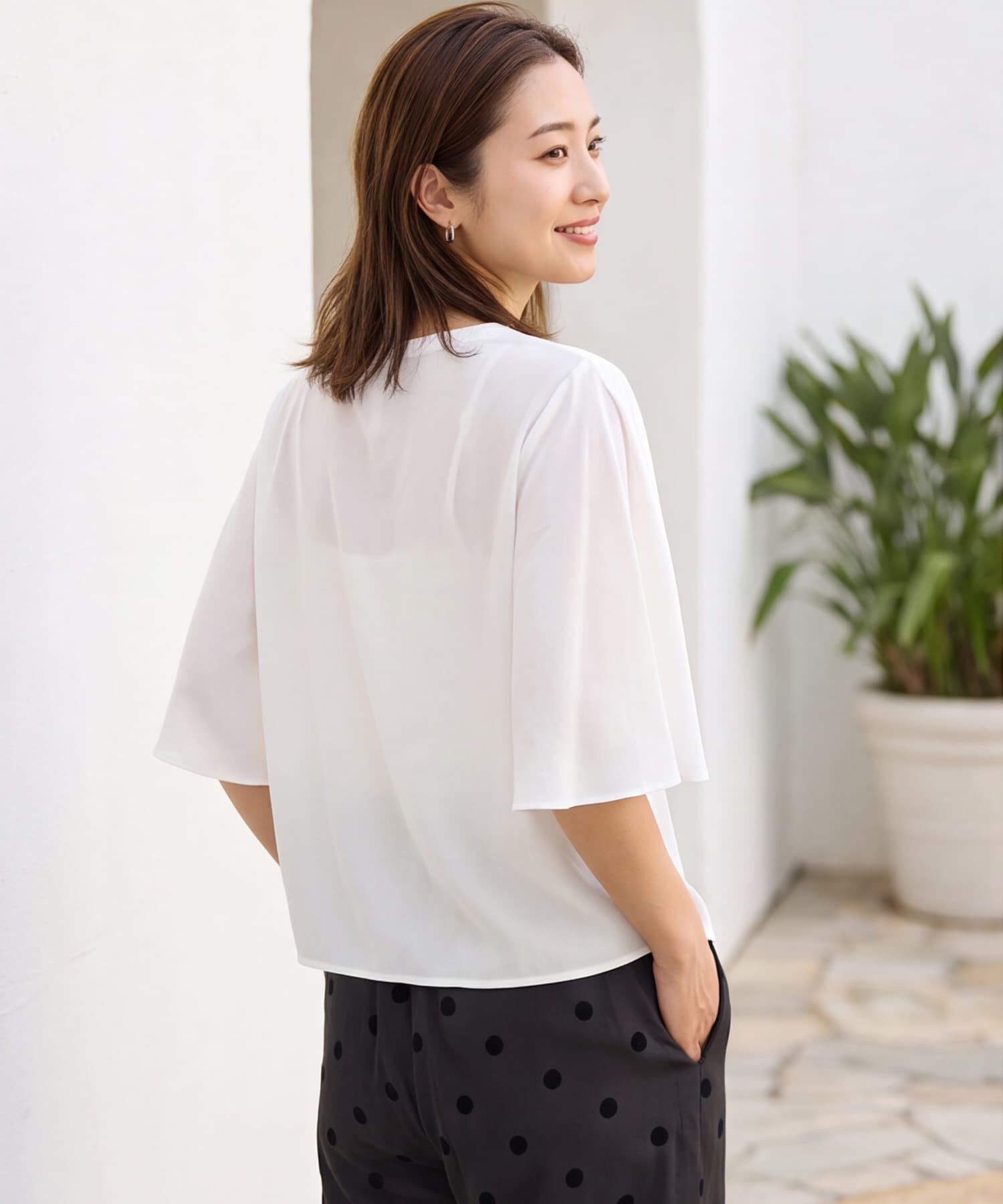 STYLE DELI「【selection】パウダリーストレッチシフォン／５分袖ブラウス」|シャツ・ブラウス|