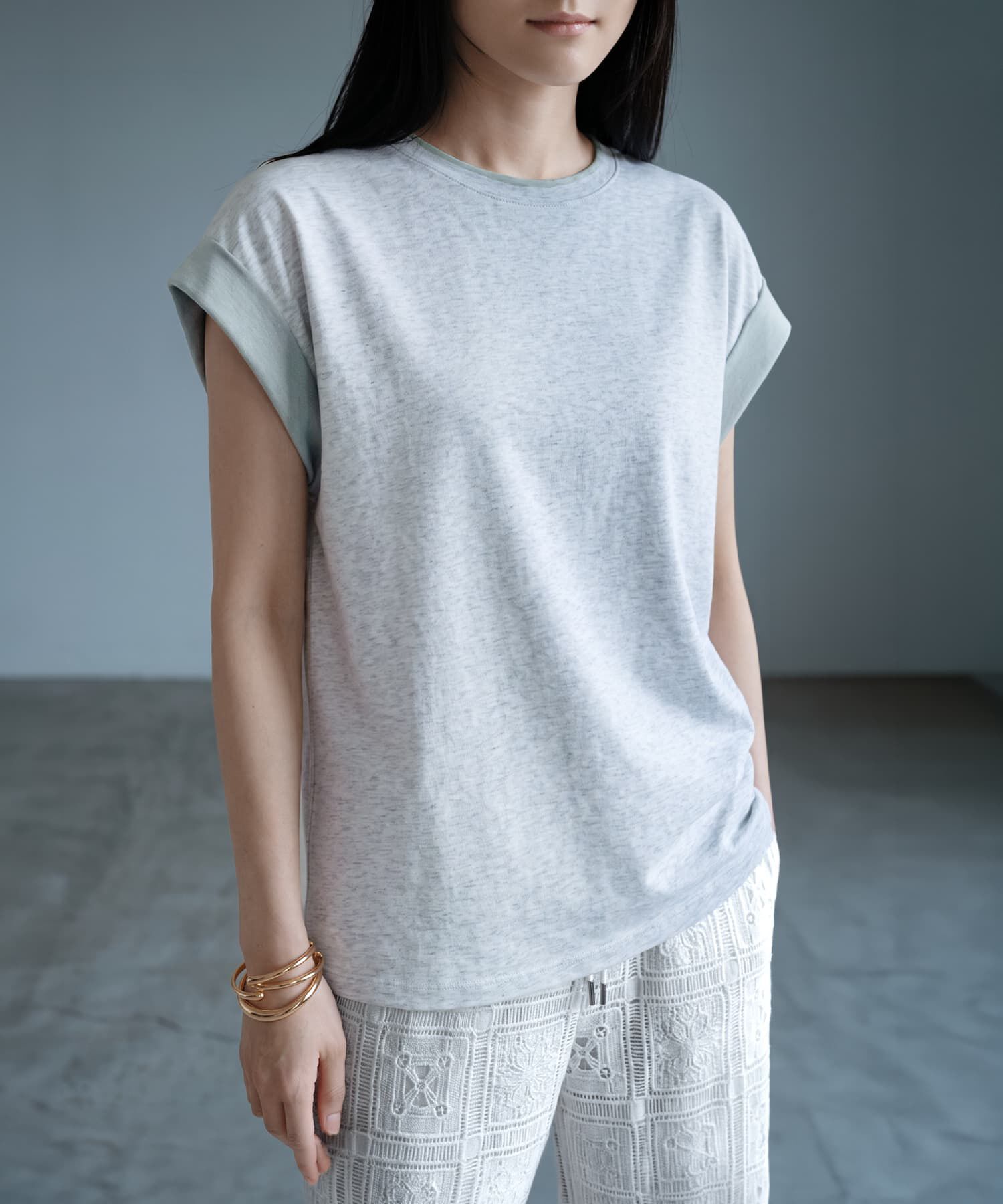 STYLE DELI「【BLK001】スリーブコントラストコットンTシャツ」|Tシャツ・カットソー|グレー