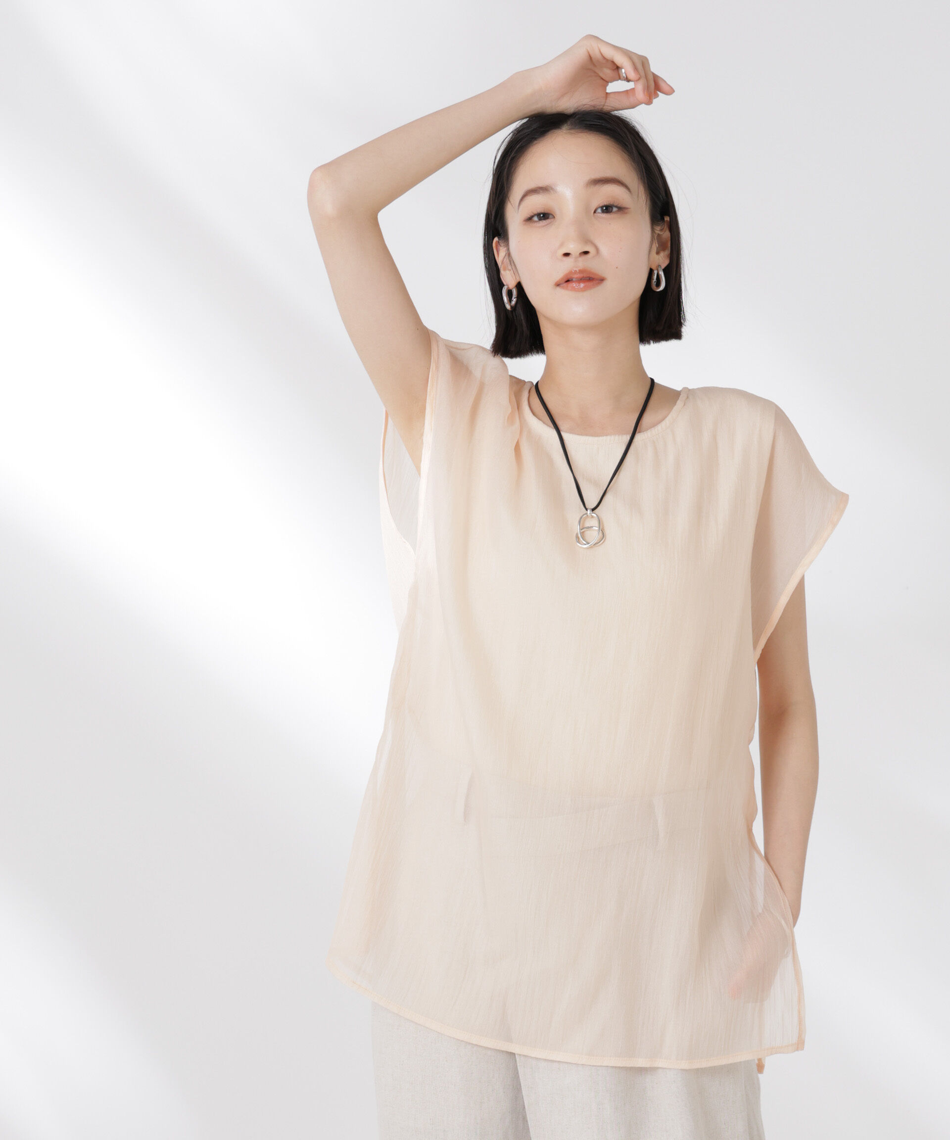 NANO universe「シアーレイヤードノースリーブカットトップス」|Tシャツ・カットソー|ベージュ