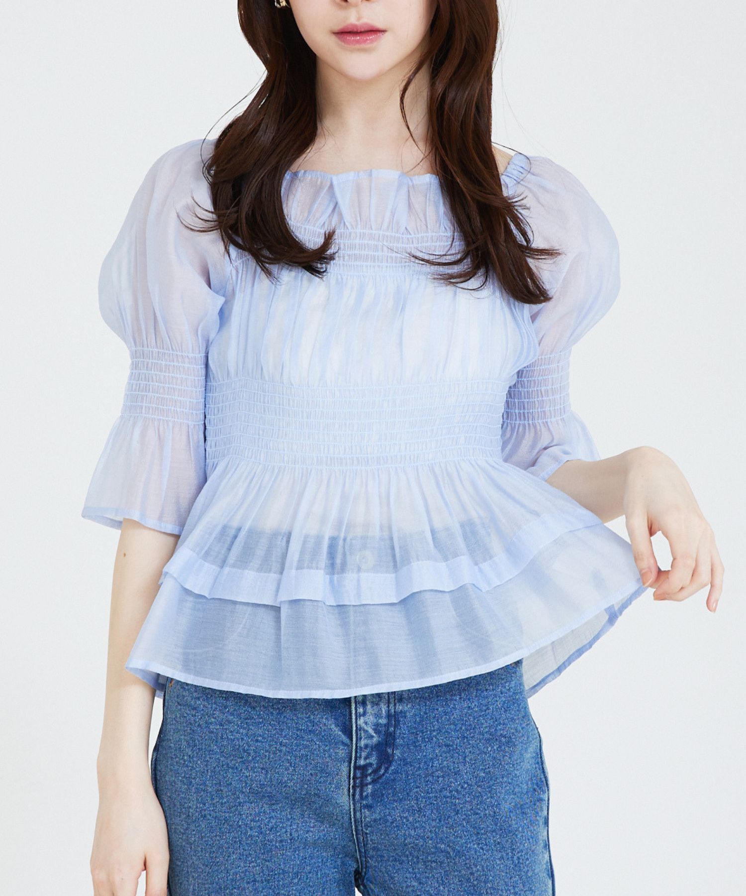 SELFIST「シャーリングシアーブラウス」|シャツ・ブラウス|サックスブルー