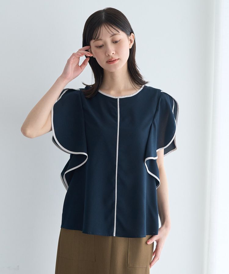 YECCA VECCA「配色ラッフルスリーブブラウス」|シャツ・ブラウス|Navy
