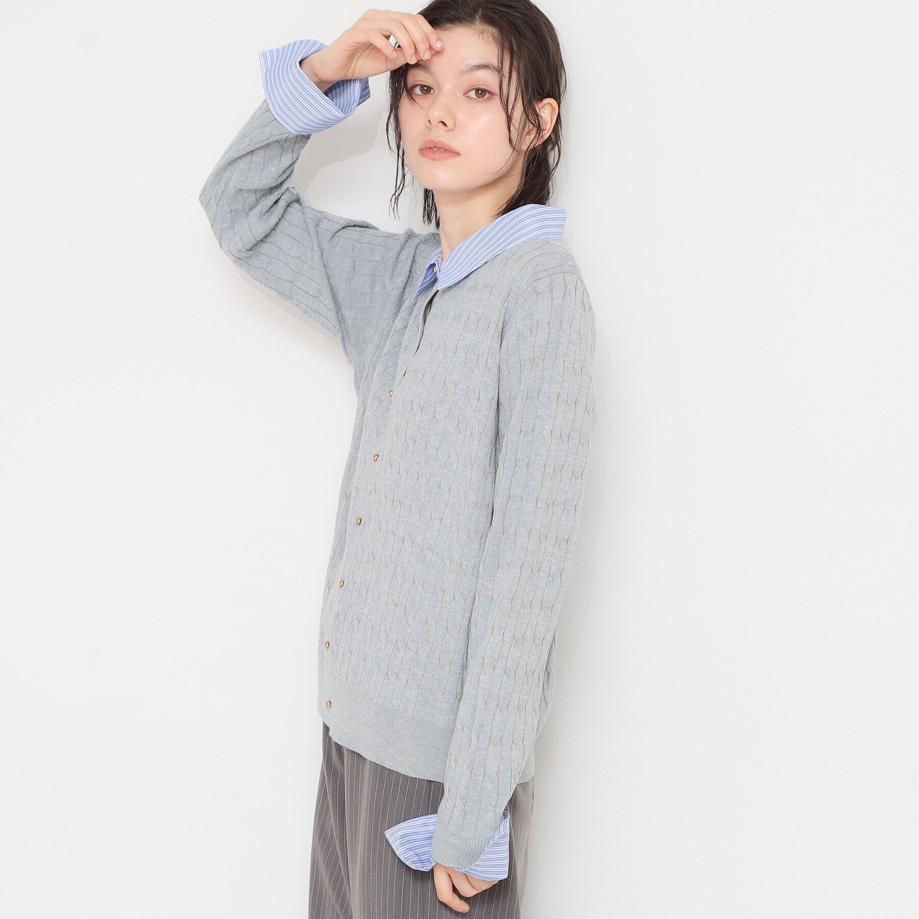THE SHOP TK「【1枚でスタイル決まる】シャツレイヤード風 襟付ケーブルニット」|ニット・セーター|