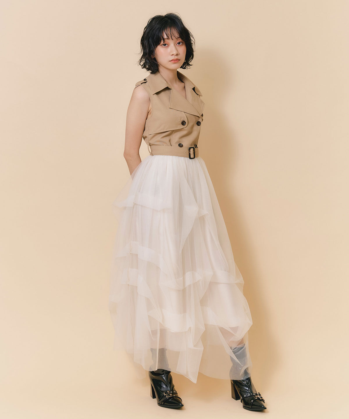 REDYAZEL「トレンチライクチュールドッキングティアードロングワンピース」|ワンピース|