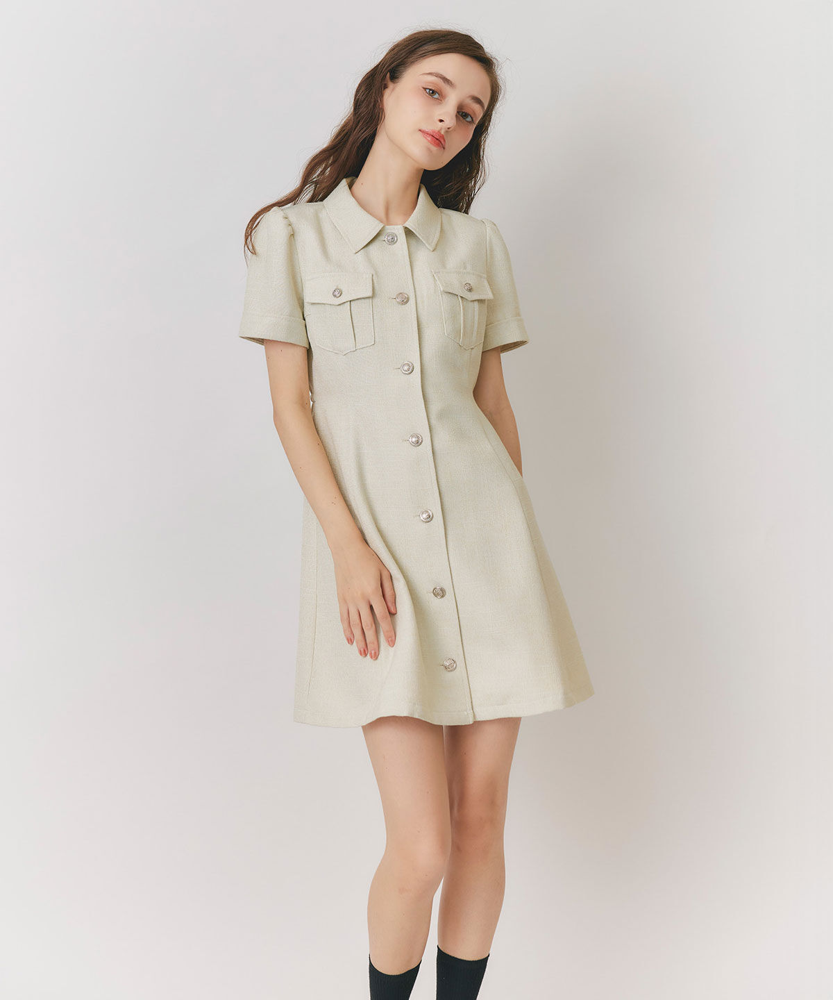 REDYAZEL「エンブレムボタンツイードミニフレアワンピース」|ワンピース|
