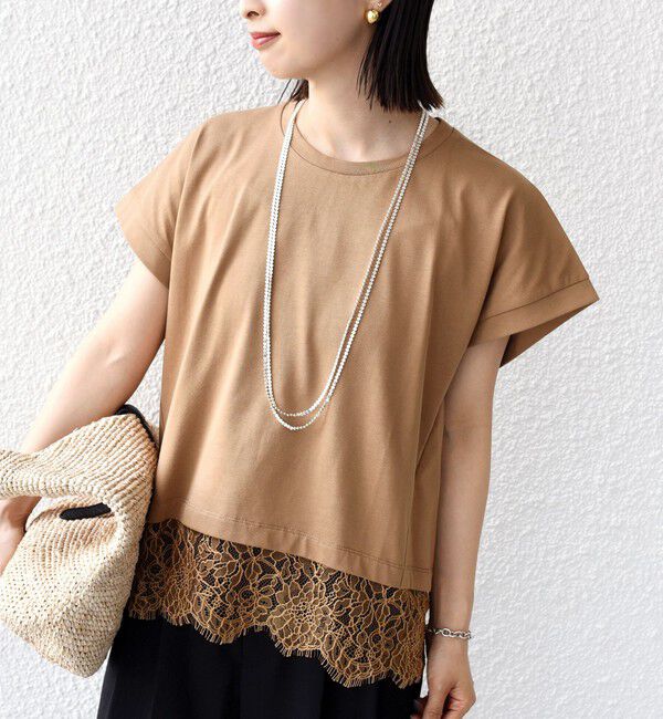 SHIPS for women「【WEB限定】〈手洗い可能〉裾 レース コンビ プルオーバー」|Tシャツ・カットソー|ベージュ系