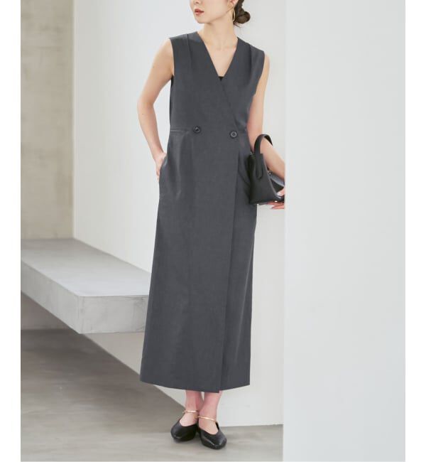 NOBLE「《セットアップ対応》【洗える】麻ストレッチロングジレワンピース」|ワンピース|