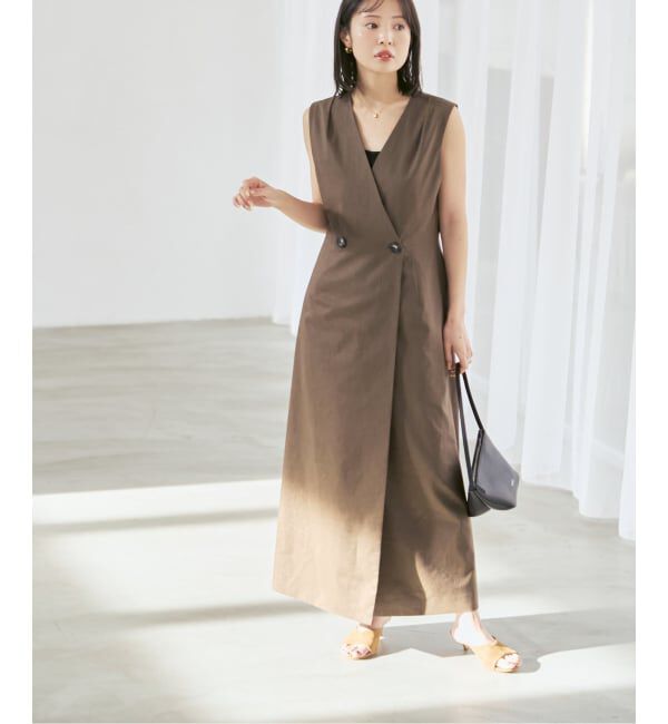 NOBLE「《セットアップ対応》【洗える】麻ストレッチロングジレワンピース」|ワンピース|