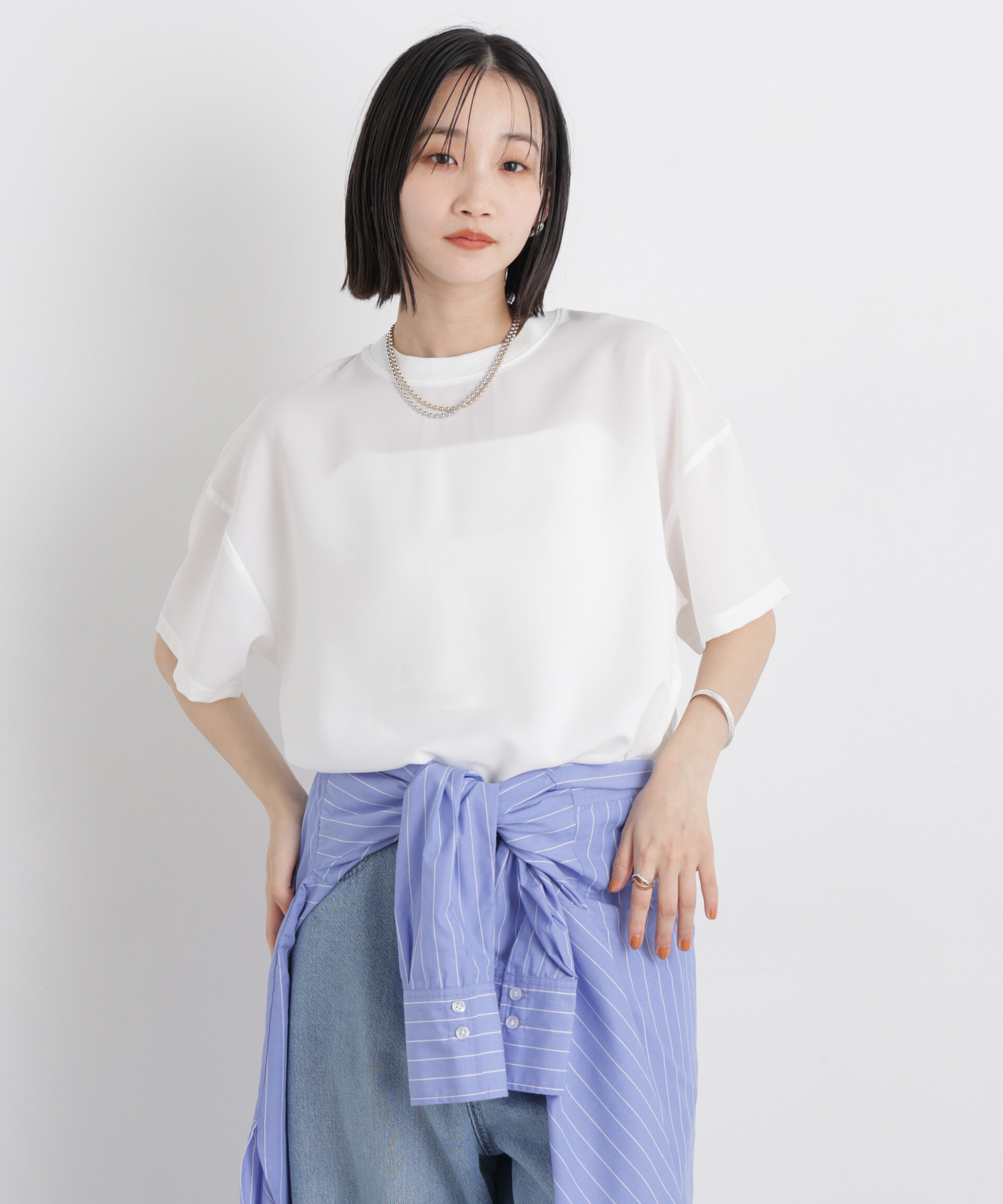 NANO universe「カットジョーゼットラウンドヘムTブラウス」|Tシャツ・カットソー|ホワイト