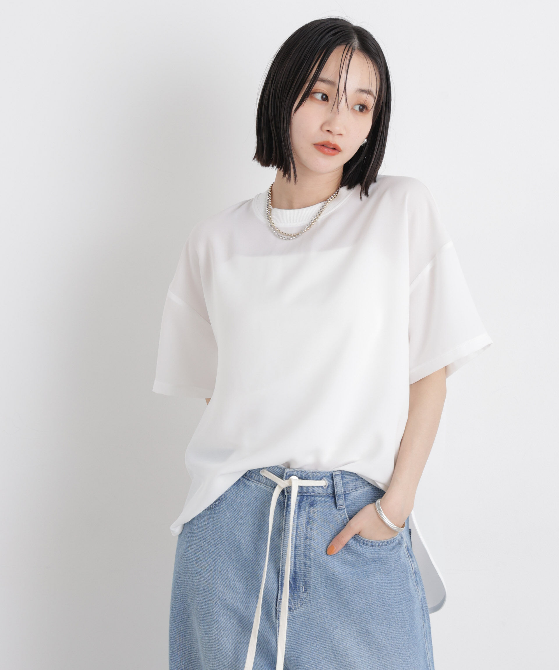 NANO universe「カットジョーゼットラウンドヘムTブラウス」|Tシャツ・カットソー|