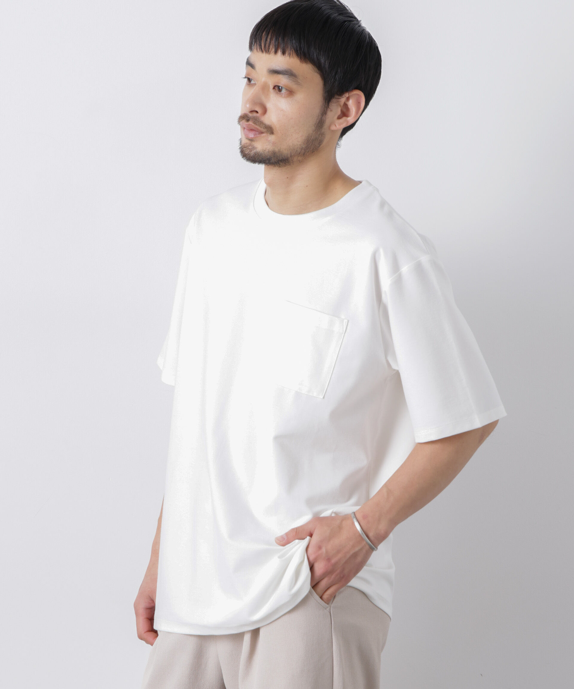 NANO universe「｢Meaningful Continuity｣coveross(R) ﾂｲﾙ調 冷感ﾌﾟﾚｰﾃｨﾝｸﾞ天竺 ﾎﾟ  」|Tシャツ・カットソー|ホワイト