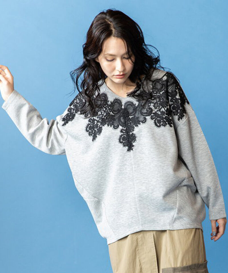  「レースモチーフVネックプルオーバー」|Tシャツ・カットソー|GRAY