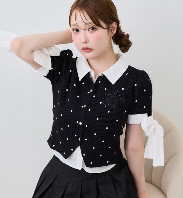  「袖リボンシャツドッキング刺繍入りニット」|ニット・セーター|