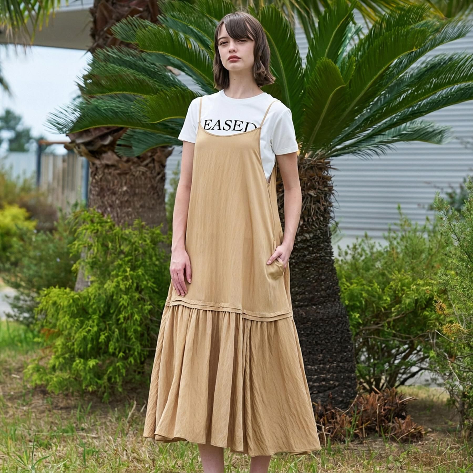 DRESSTERIOR「【ウォッシャブル】ワッシャーボリュームフレアキャミワンピース」|ワンピース|ベージュ(052)