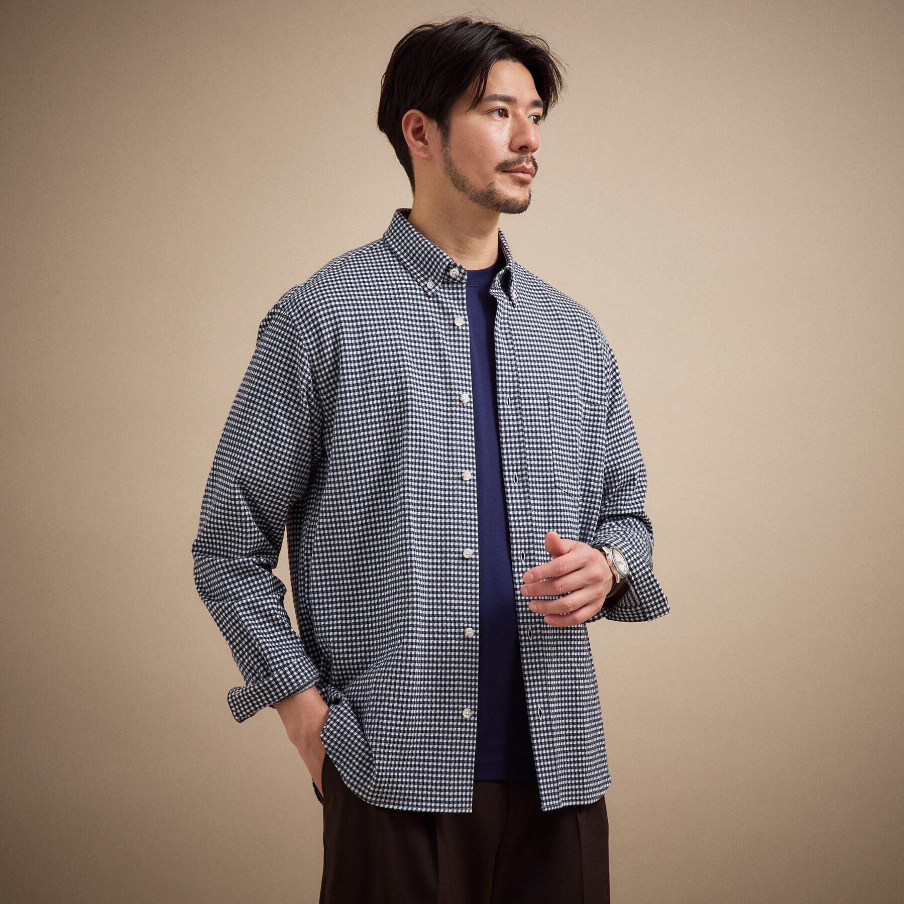TAKEO KIKUCHI「【抗菌防臭/シーズンレス】シアサッカーギンガムチェック ストレッチシャツ」|シャツ・ブラウス|ネイビー(294)