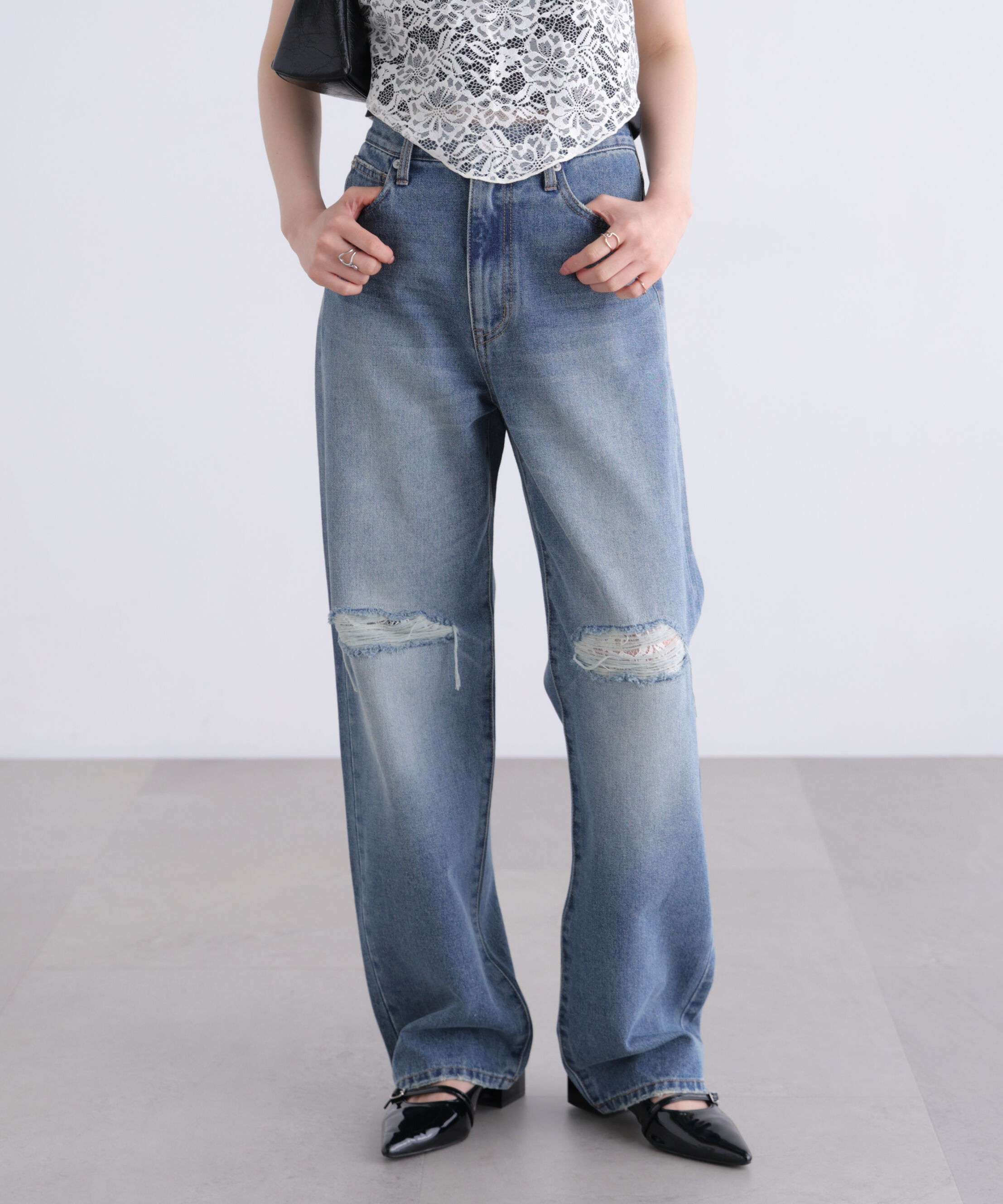  「[低身長サイズ/Sシリーズ]クラッシュレースデニムパンツ」|その他|インディゴ1
