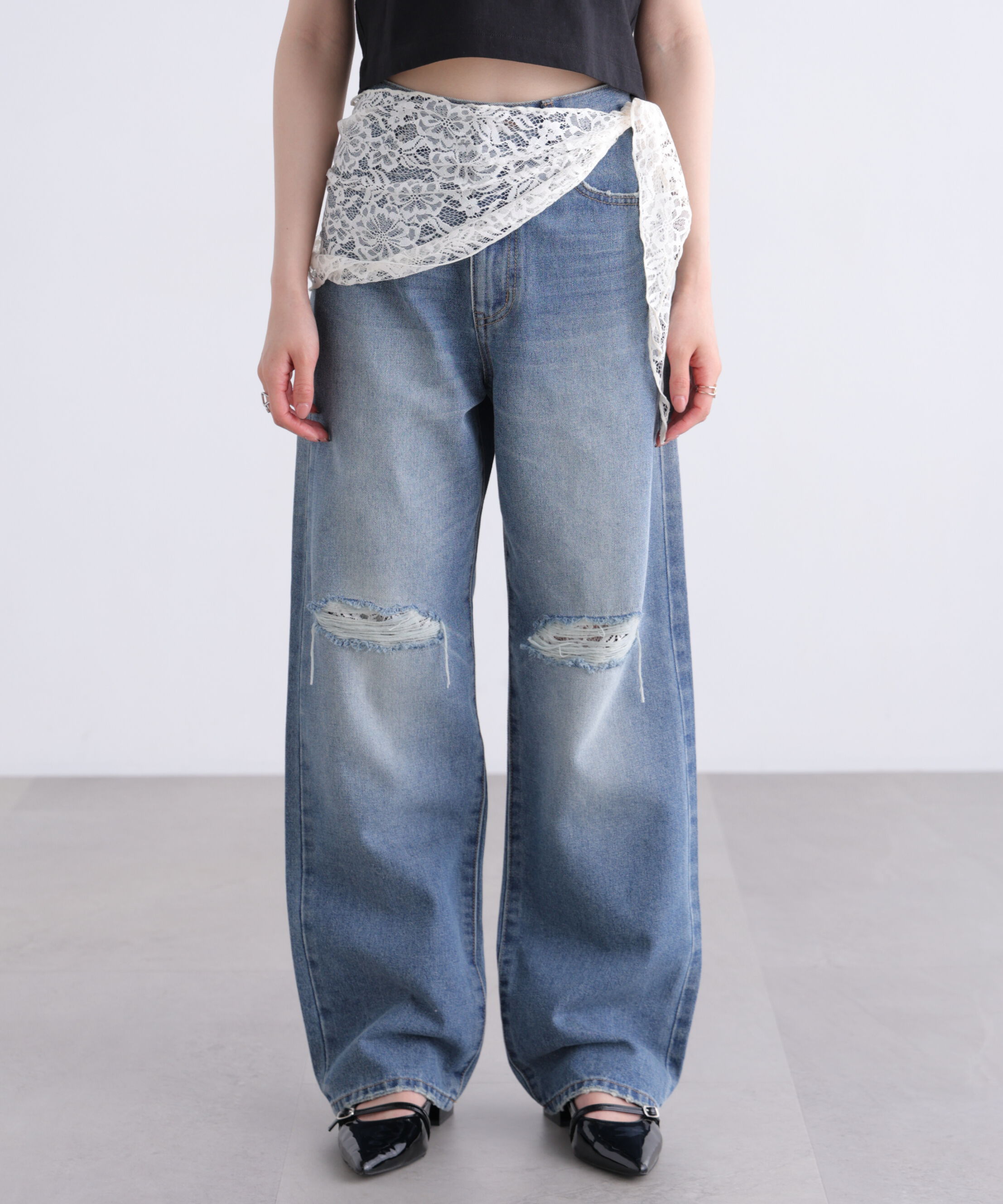  「[低身長サイズ/Sシリーズ]クラッシュレースデニムパンツ」|その他|