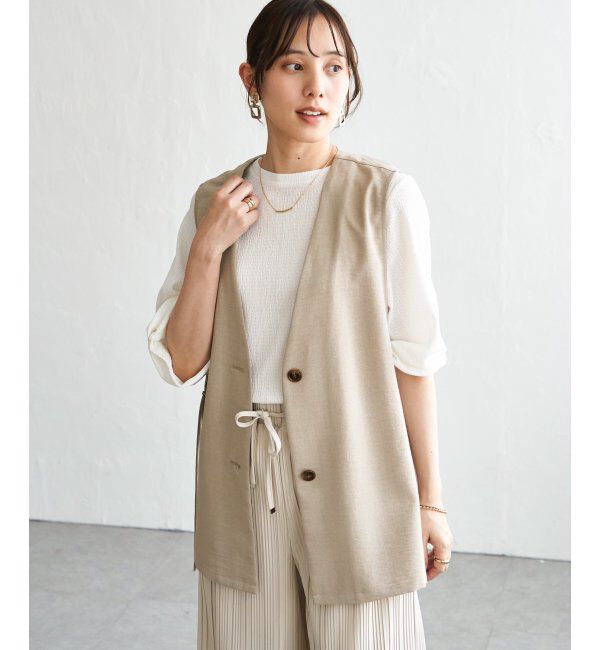 ikka「ノーカラーサイドベルトジレ」|ベスト・ジレ|ベージュ