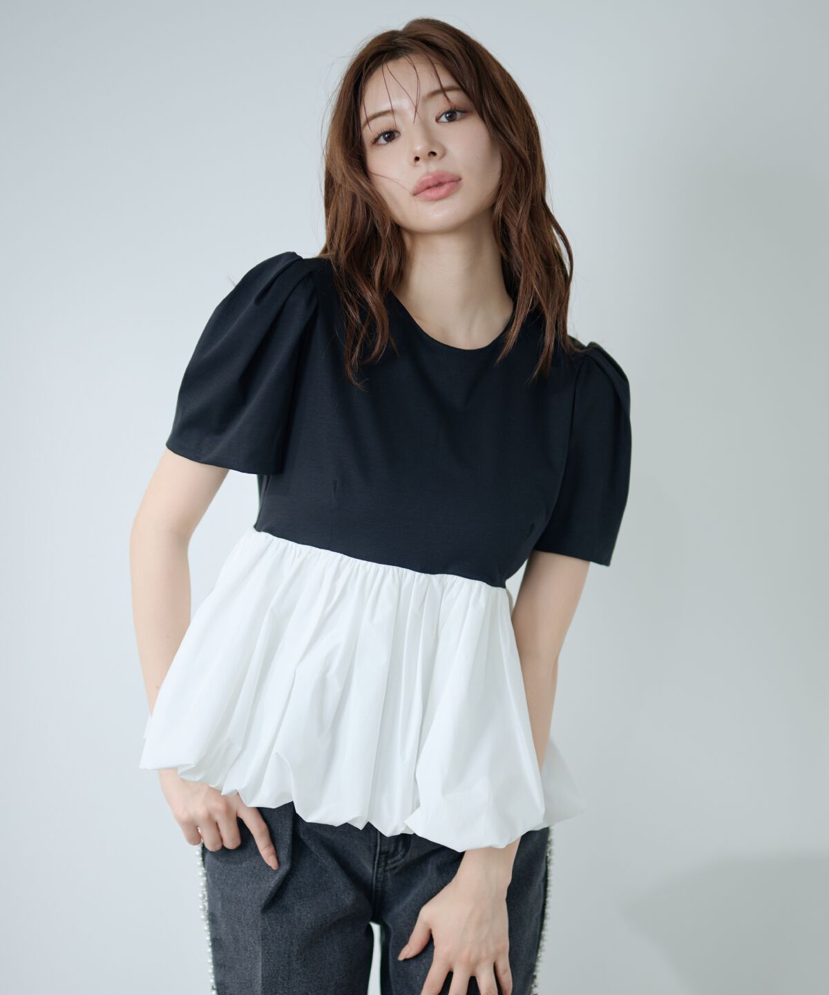 アンドクチュール「異素材ペプラムトップス」|Tシャツ・カットソー|