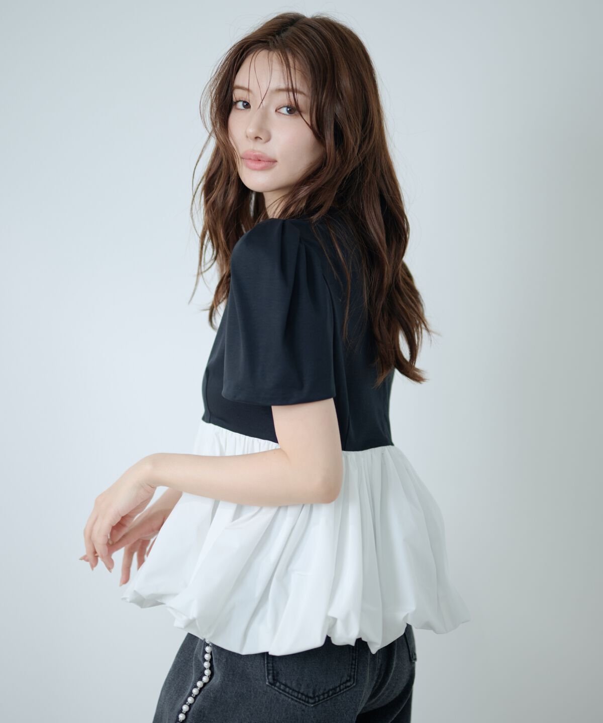 アンドクチュール「異素材ペプラムトップス」|Tシャツ・カットソー|