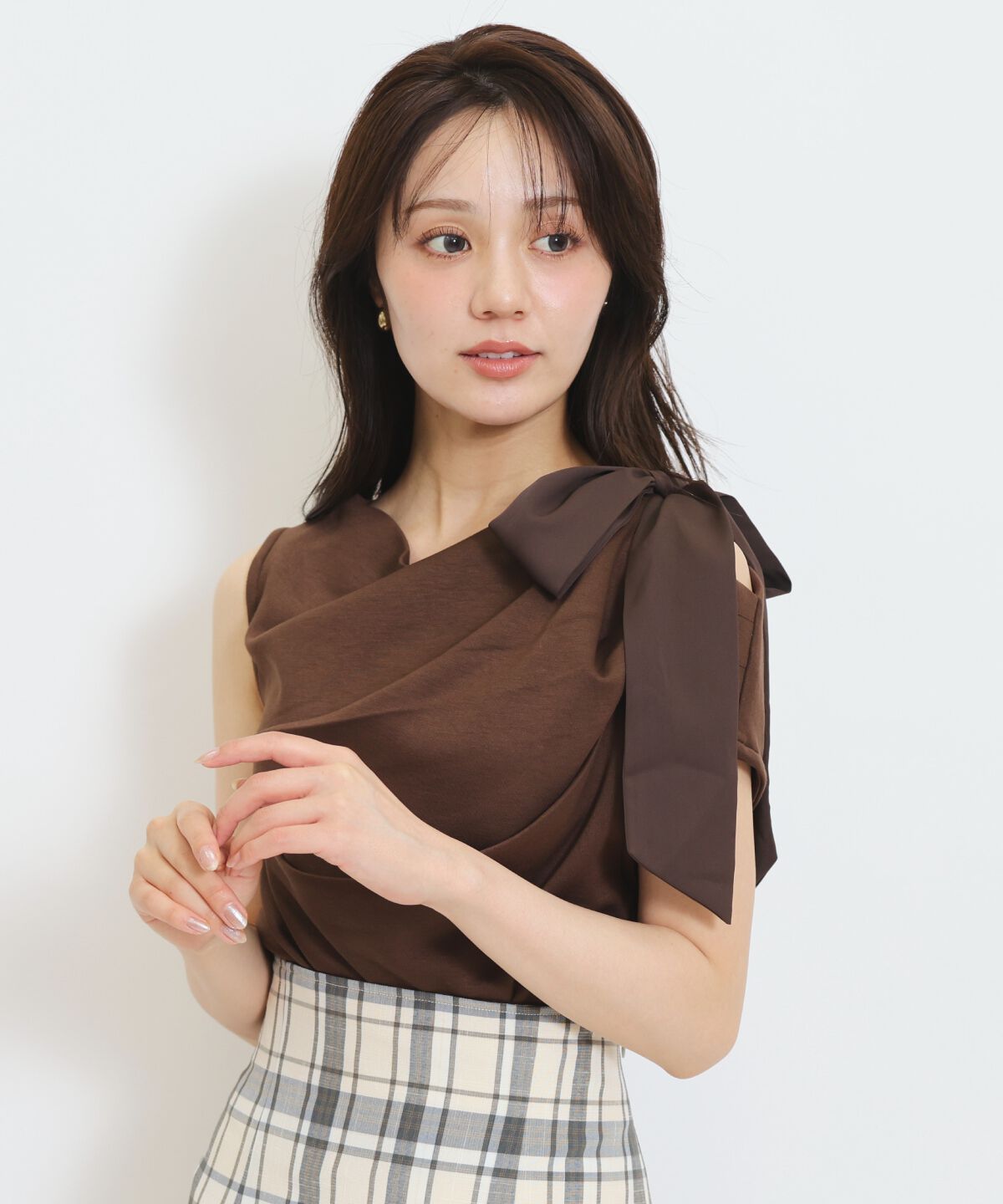 WILLSELECTION「リボンショルダードレープカットトップス」|Tシャツ・カットソー|ブラウン