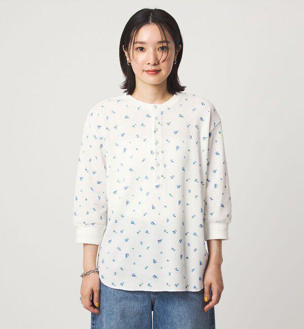 UNITED ARROWS green label relaxing「【WEB限定】＜at ease＞ワッフル ヘンリーネック  フラワープリント 5分袖 カットソー」|Tシャツ・カットソー|