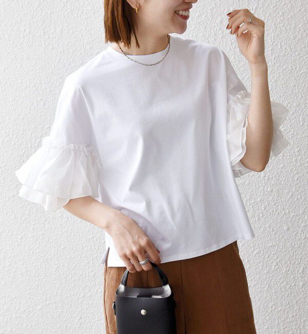 SHIPS any「SHIPS any:〈洗濯機可能〉フリル スリーブ クルーネック コンパクト TEE」|Tシャツ・カットソー|