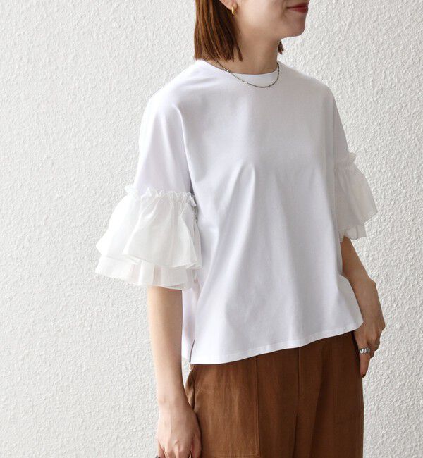 SHIPS any「SHIPS any:〈洗濯機可能〉フリル スリーブ クルーネック コンパクト TEE」|Tシャツ・カットソー|
