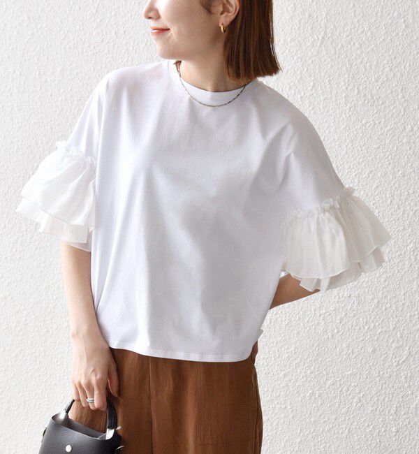 SHIPS any「SHIPS any:〈洗濯機可能〉フリル スリーブ クルーネック コンパクト TEE」|Tシャツ・カットソー|