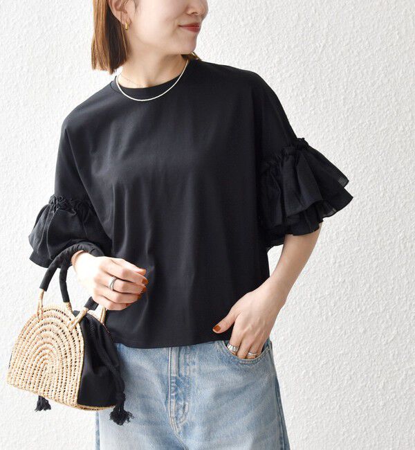SHIPS any「SHIPS any:〈洗濯機可能〉フリル スリーブ クルーネック コンパクト TEE」|Tシャツ・カットソー|ブラック