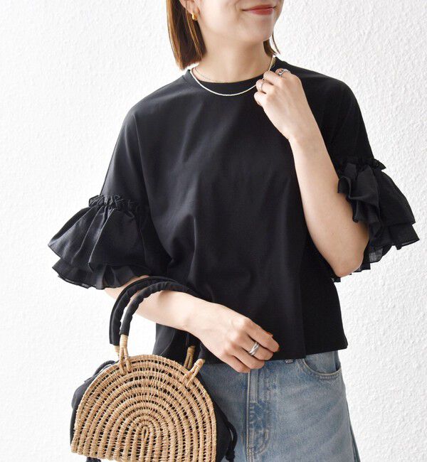 SHIPS any「SHIPS any:〈洗濯機可能〉フリル スリーブ クルーネック コンパクト TEE」|Tシャツ・カットソー|