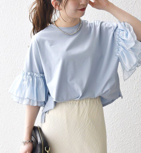 SHIPS any「SHIPS any:〈洗濯機可能〉フリル スリーブ クルーネック コンパクト TEE」|Tシャツ・カットソー|