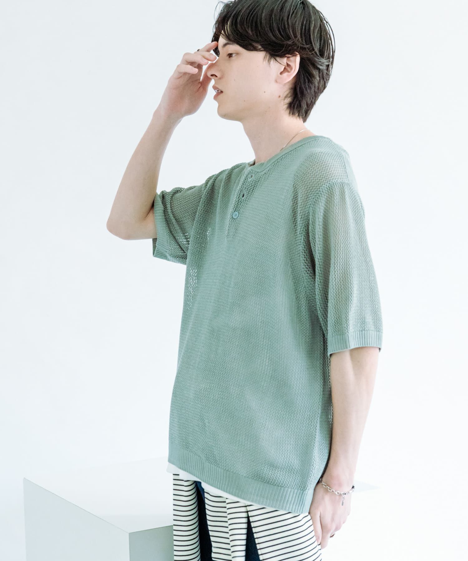SENSE OF PLACE by URBAN RESEARCH「『洗濯可』リネンタッチメッシュヘンリーニット」|ニット・セーター|