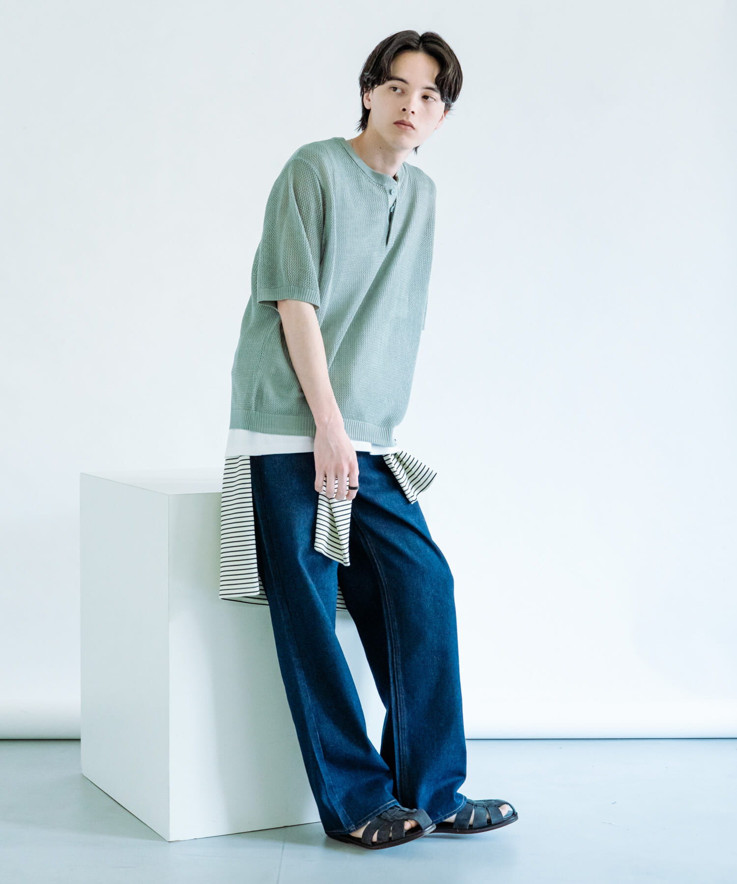 SENSE OF PLACE by URBAN RESEARCH「『洗濯可』リネンタッチメッシュヘンリーニット」|ニット・セーター|