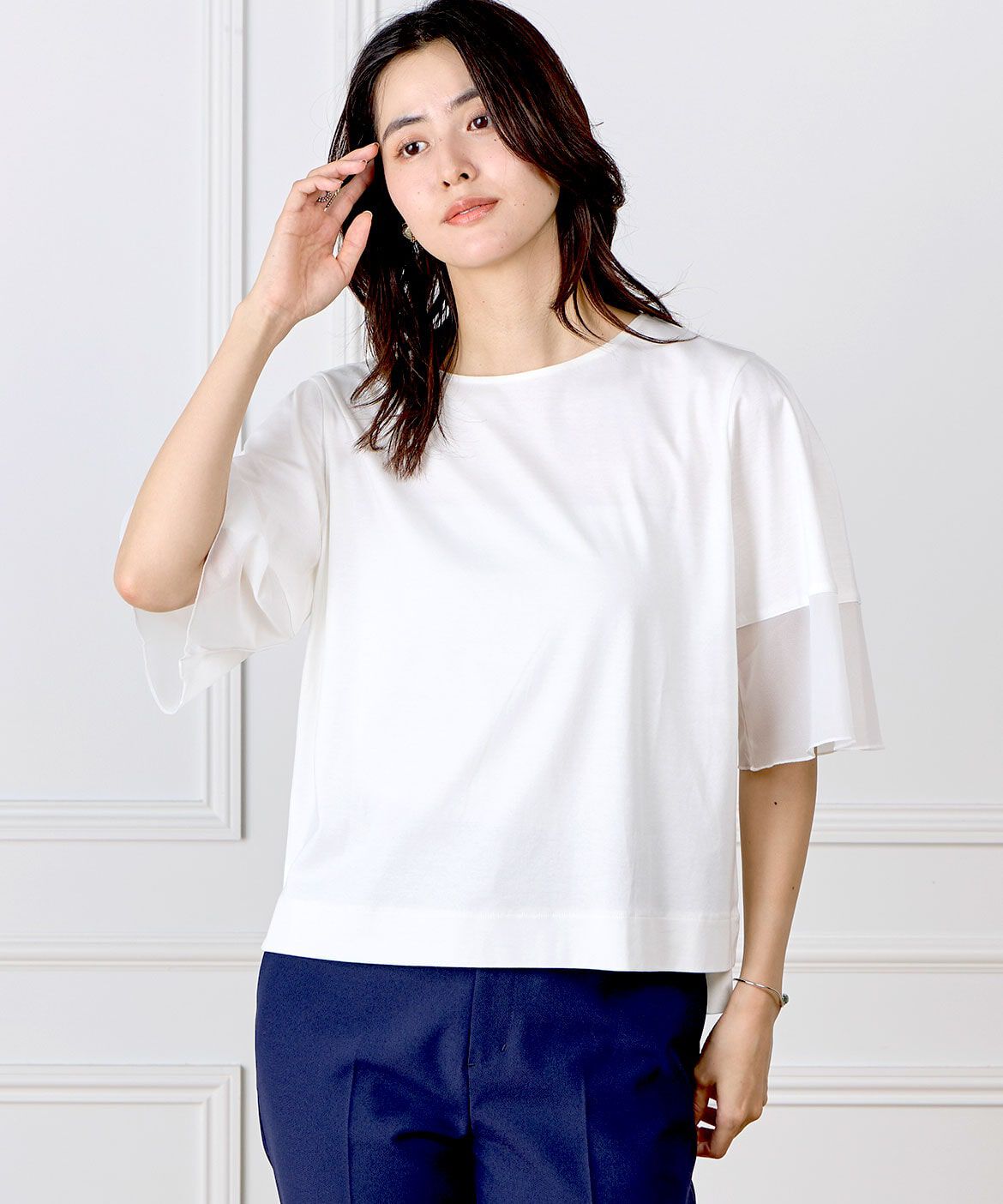 INED「《大きいサイズ》袖シアープルオーバーカットソー」|Tシャツ・カットソー|