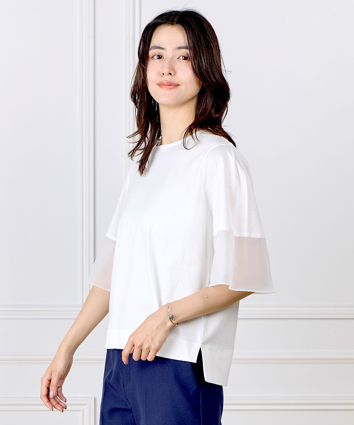 INED「《大きいサイズ》袖シアープルオーバーカットソー」|Tシャツ・カットソー|