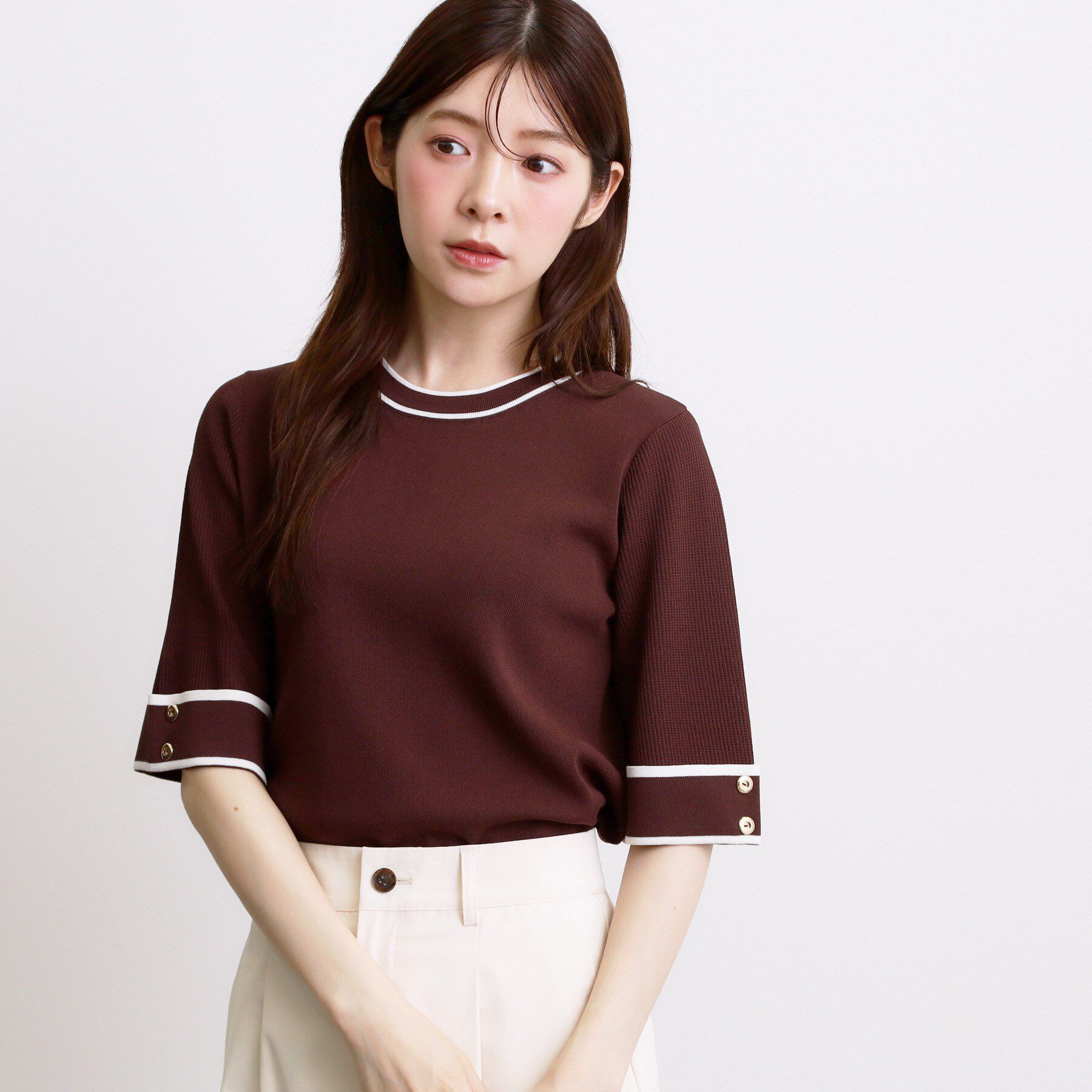 grove「新色追加！【シリーズ累計36万枚/名品ニット】やわらかドライタッチ 袖メッシュ編みニット」|ニット・セーター|ブラウン(044)