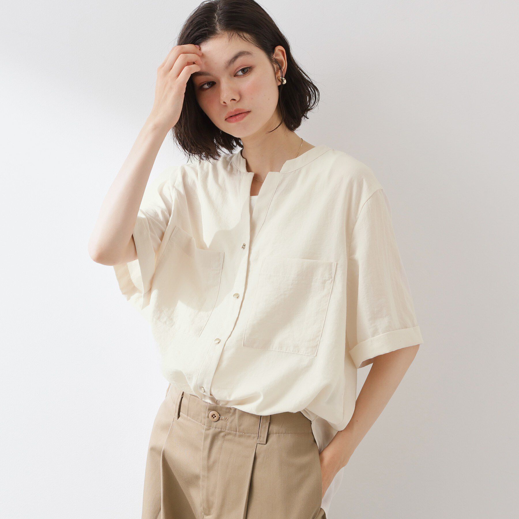 THE SHOP TK「【M-XL/さりげなく二の腕カバー】5分袖Wポケットシャツ」|シャツ・ブラウス|