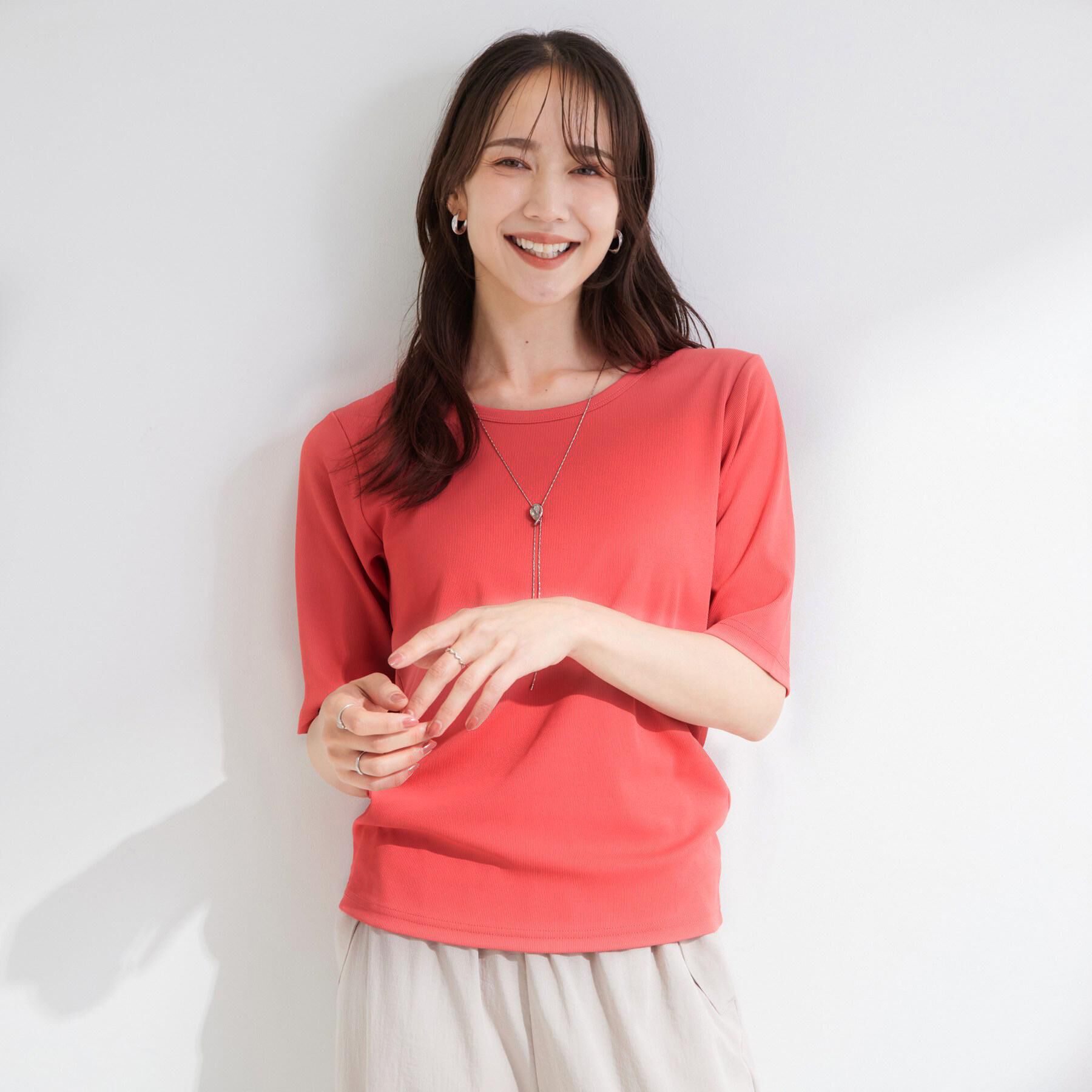 SHOO･LA･RUE「【ひんやり/前後2WAY/S-LL】着回しやすい 5分袖テレコトップス」|Tシャツ・カットソー|