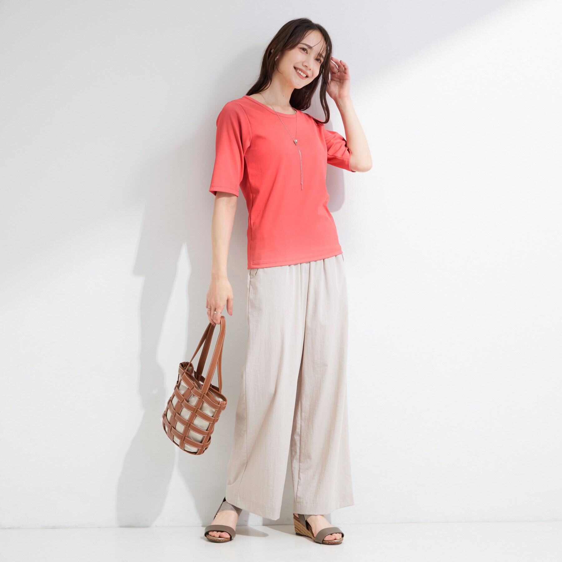 SHOO･LA･RUE「【ひんやり/前後2WAY/S-LL】着回しやすい 5分袖テレコトップス」|Tシャツ・カットソー|