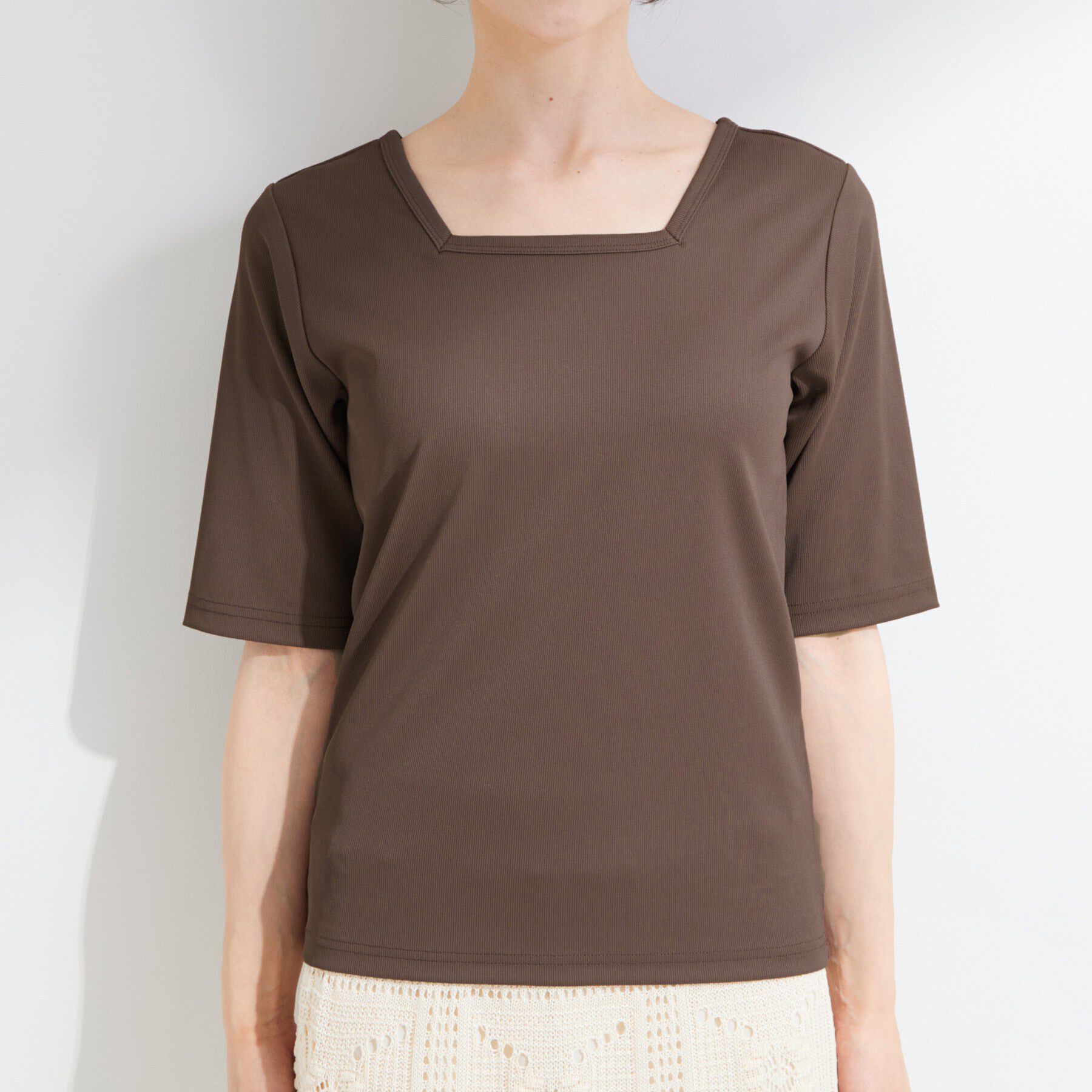 SHOO･LA･RUE「【ひんやり/前後2WAY/S-LL】着回しやすい 5分袖テレコトップス」|Tシャツ・カットソー|