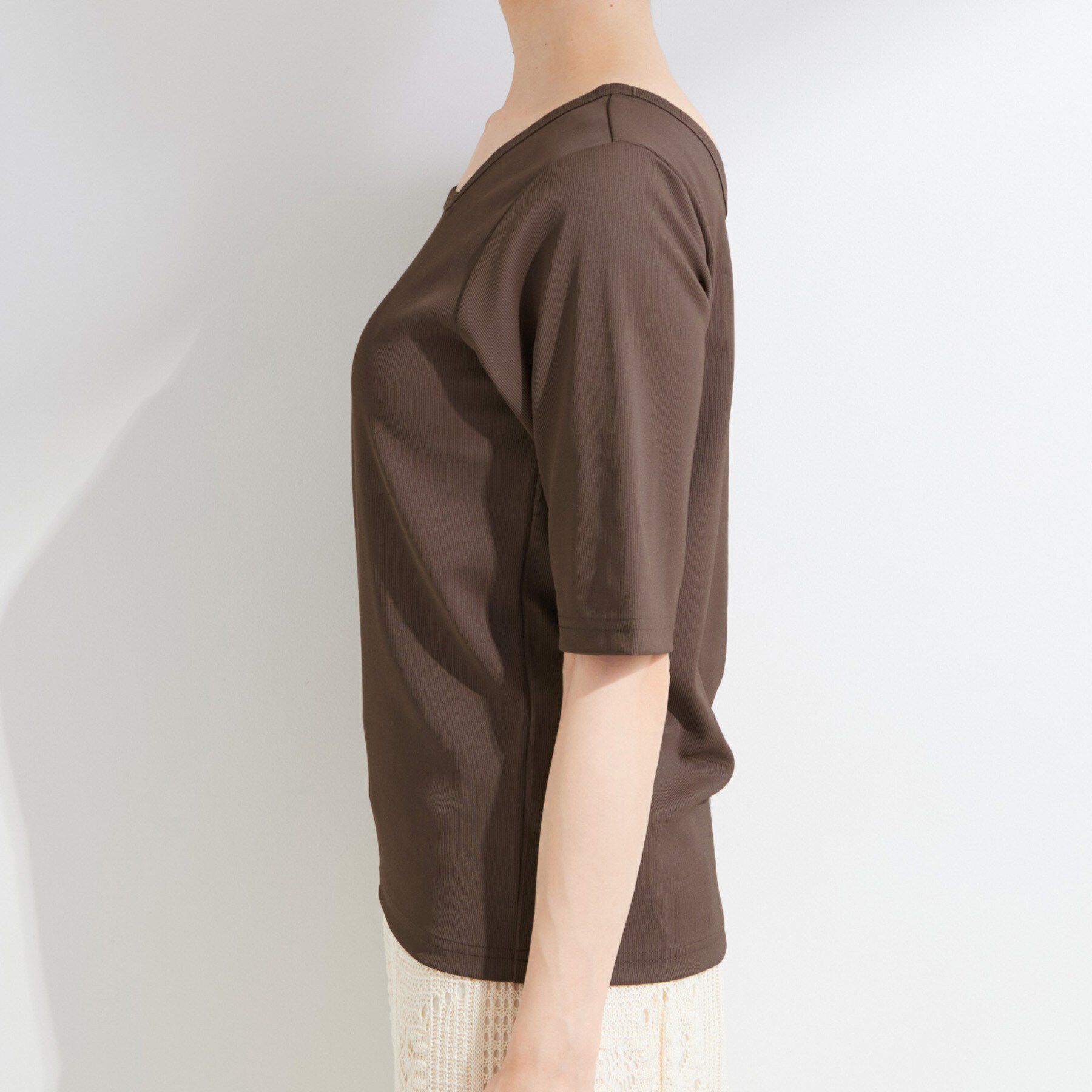 SHOO･LA･RUE「【ひんやり/前後2WAY/S-LL】着回しやすい 5分袖テレコトップス」|Tシャツ・カットソー|