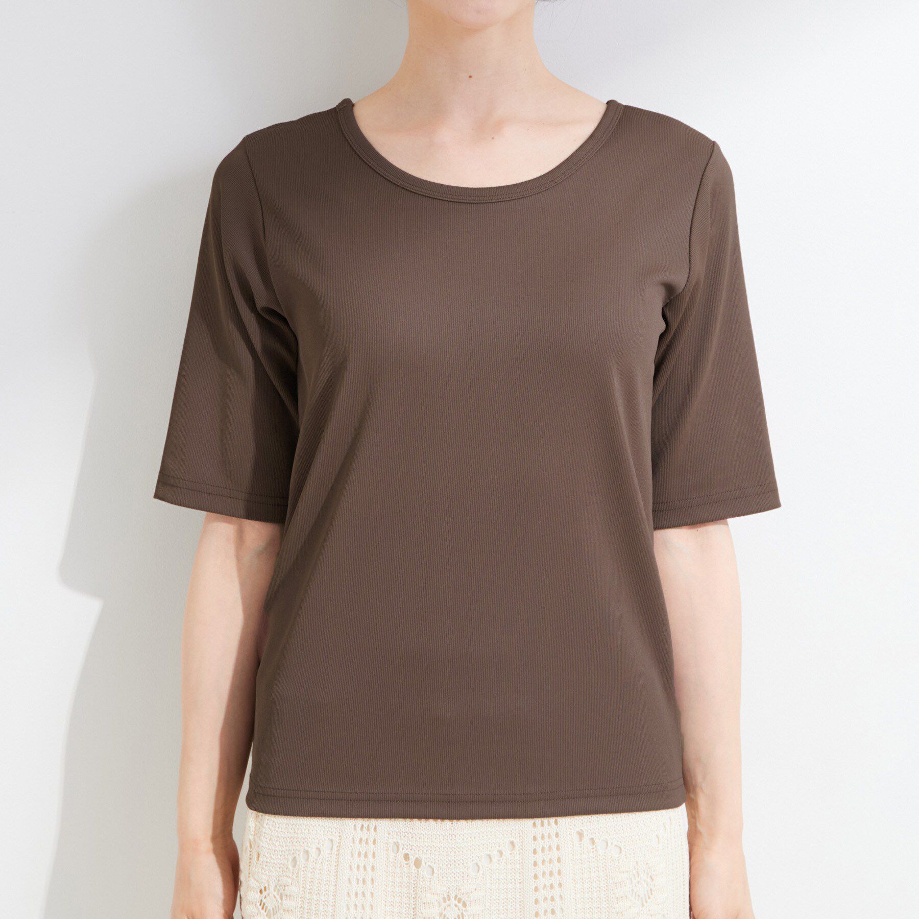 SHOO･LA･RUE「【ひんやり/前後2WAY/S-LL】着回しやすい 5分袖テレコトップス」|Tシャツ・カットソー|