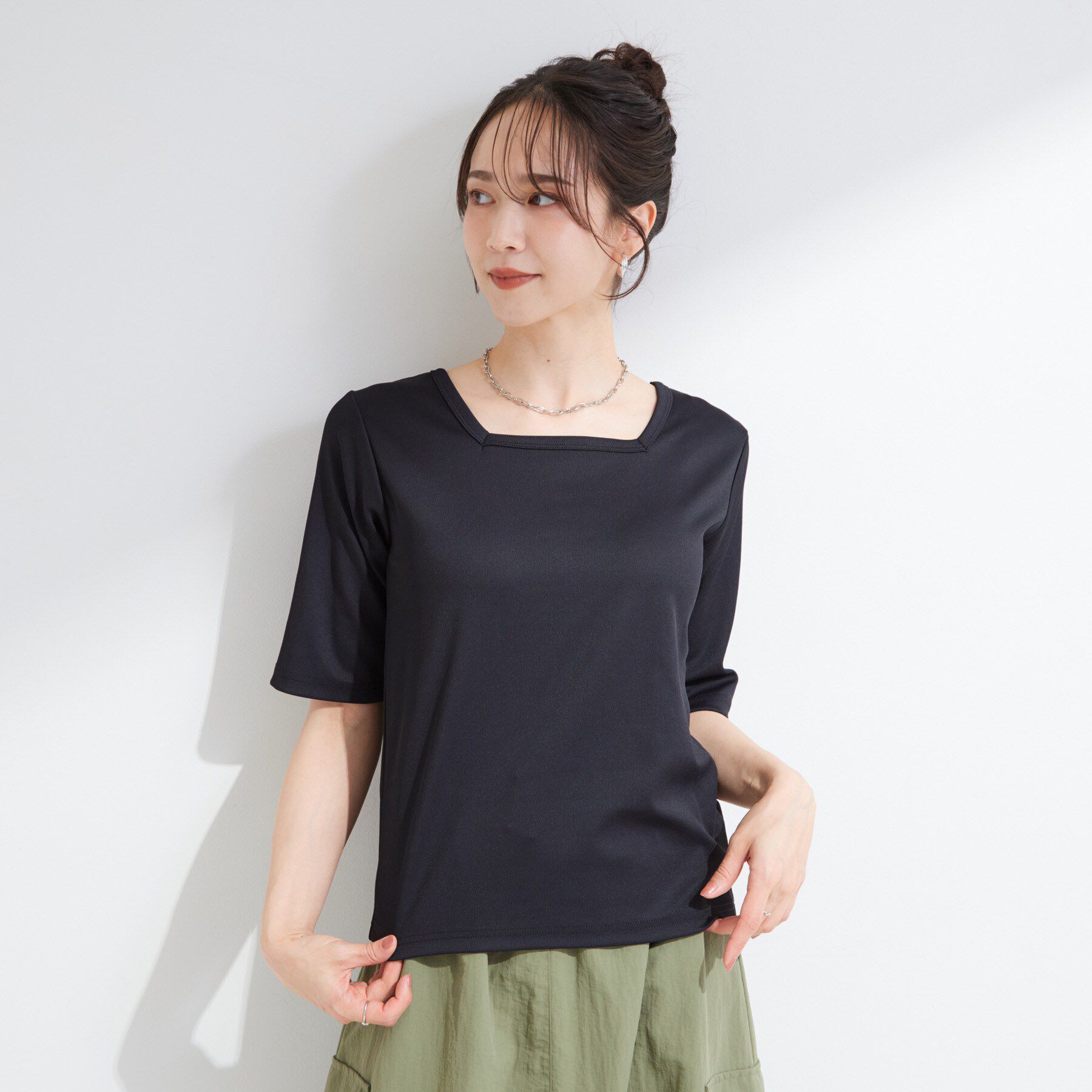 SHOO･LA･RUE「【ひんやり/前後2WAY/S-LL】着回しやすい 5分袖テレコトップス」|Tシャツ・カットソー|