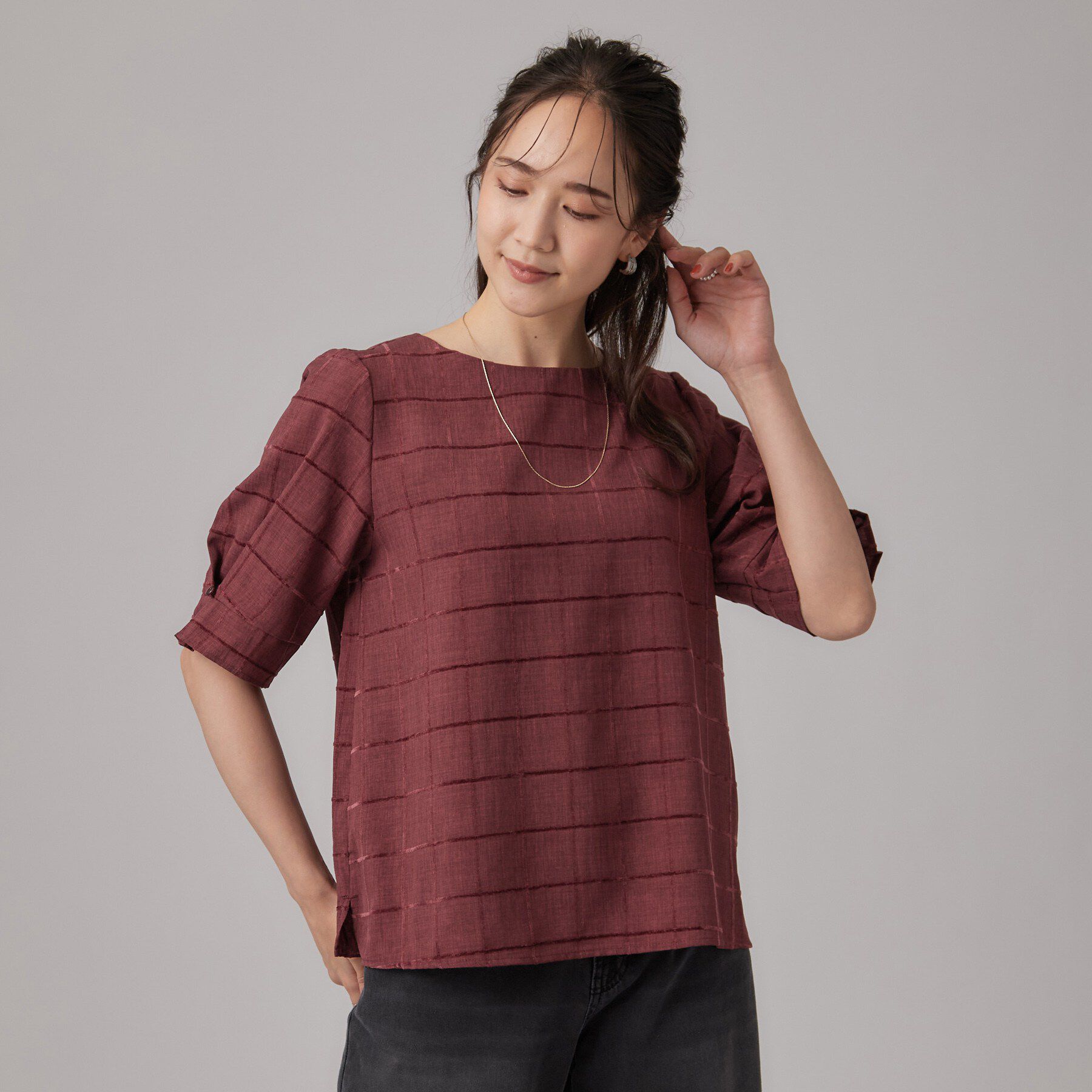 SHOO･LA･RUE「【セットアップ可/S-LL】モールチェックで上品に タックスリーブ ブラウス」|シャツ・ブラウス|